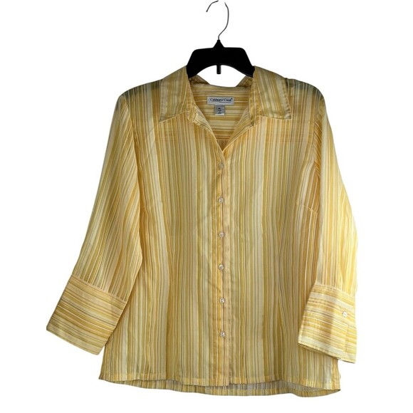 Coldwater Creek Yellow White Gold Thread Semi Sheer Blouse Petite Large - Picture 1 of 9